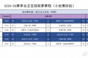武漢女足亞冠小組賽賽程確定，比賽11月17日-23日在武漢進行